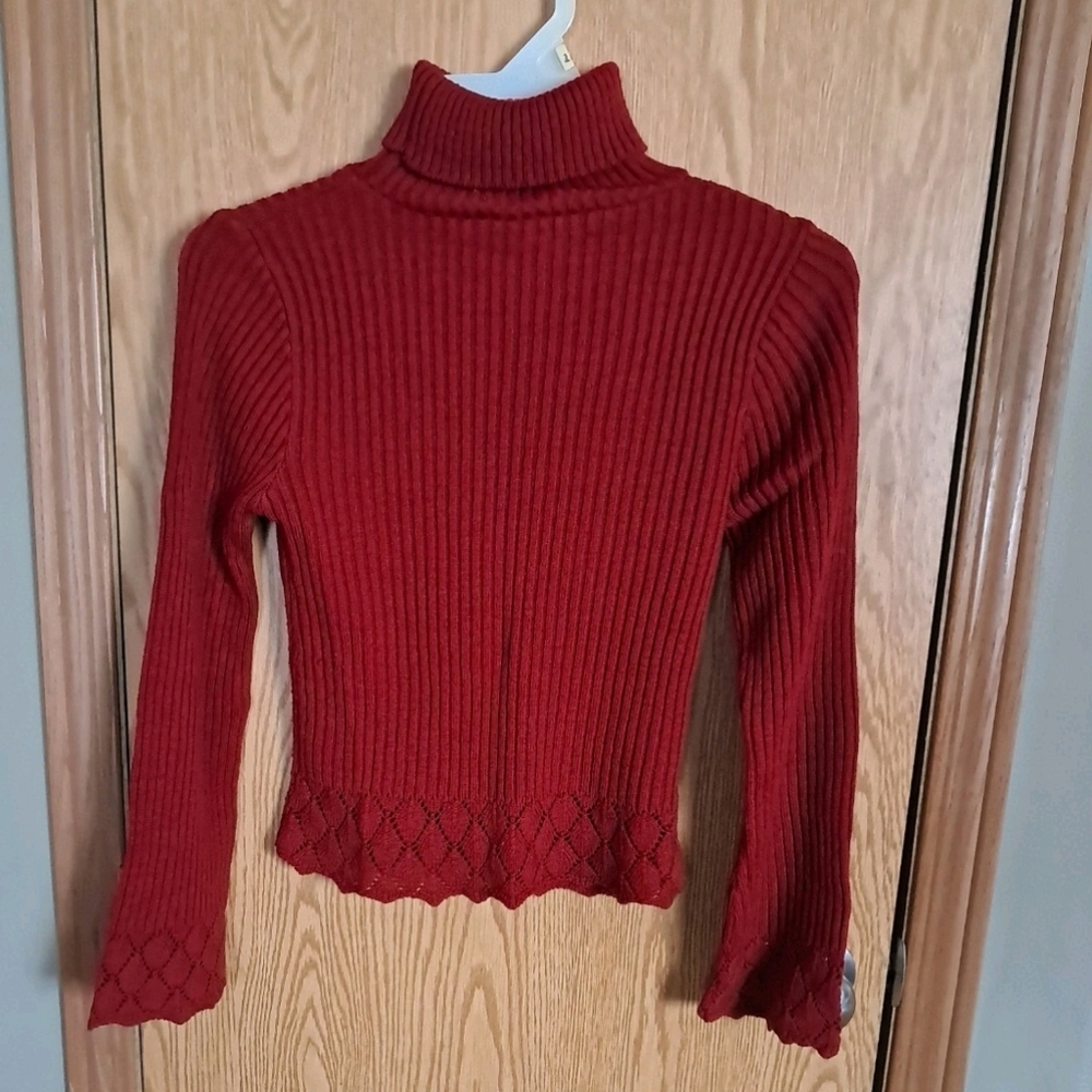 Ladies It's Our Time Red Ribbed Turtleneck Sweater With Lace Knitting Sz. M